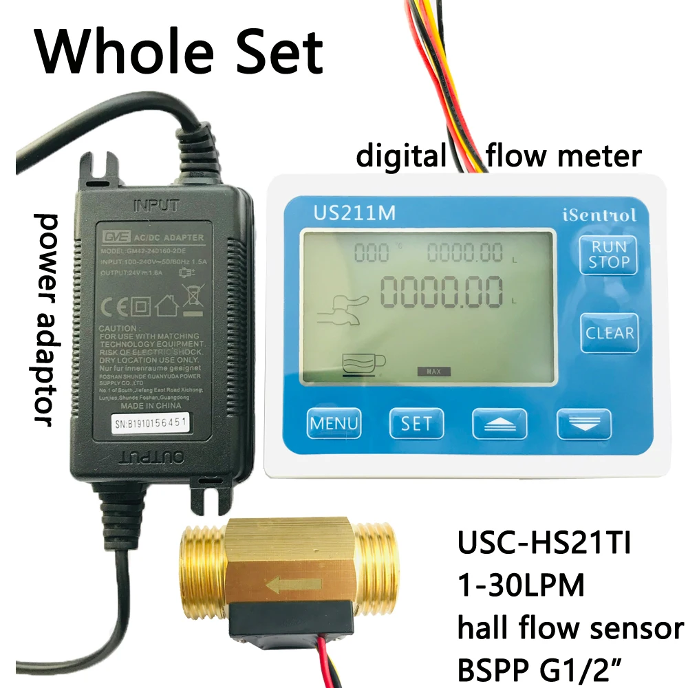 US211M Water Digital Flow Meter Hall Water Flow Sensor Reader with Brass USC-HS21TI 1-30L/min hall water turine Flow Meter