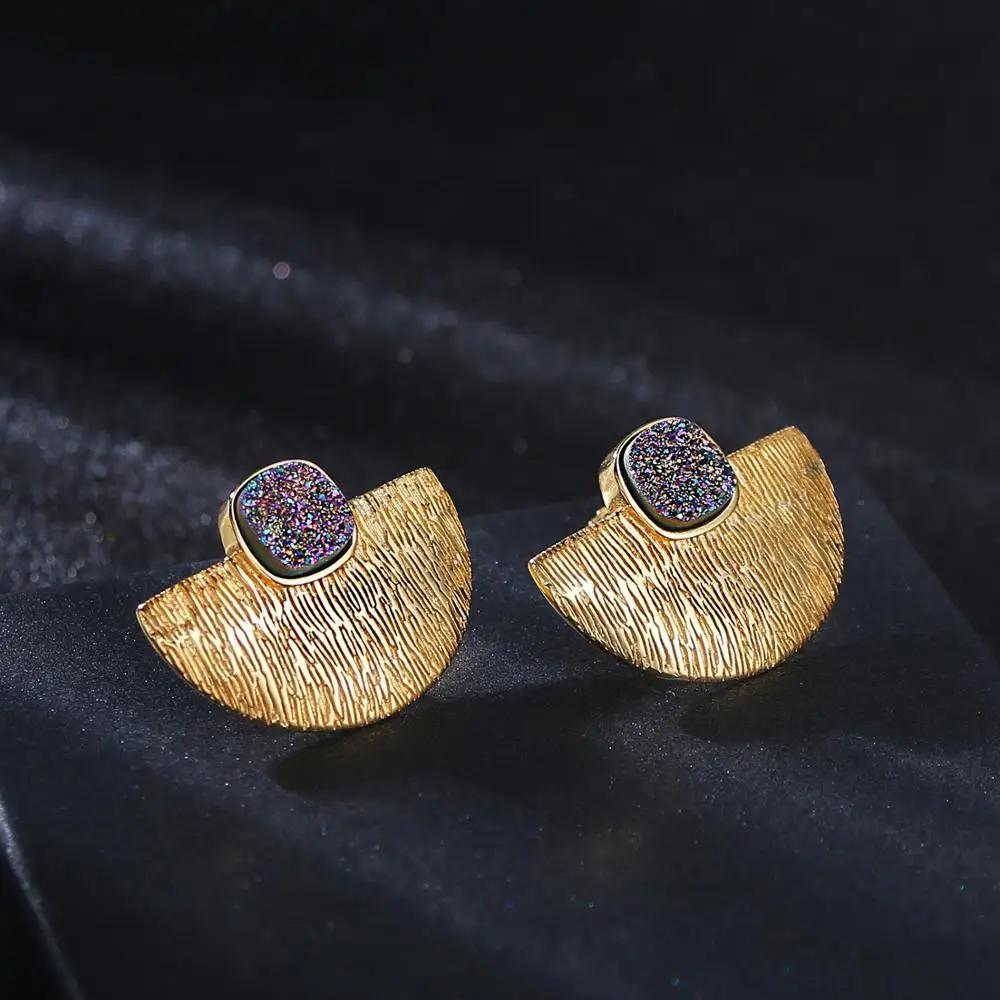 ShinyGem Natural Square Crystal Gold Earrings Luxury Semicircle Stud Sparkling For Women S925 Sterling Silver