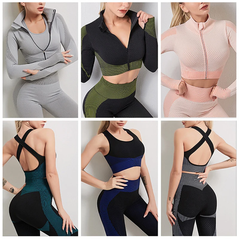 New Women\'s Seamless Yoga Clothing Sexy Sports Bra Fashionable Tight Long Sleeve T-Shirt Top Fitness Pants Running Leggings Set