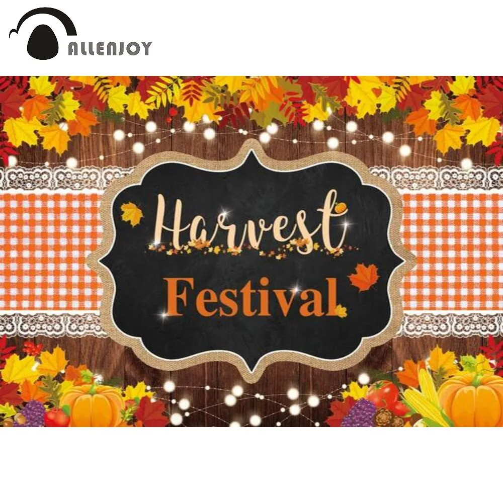 

Allenjoy Thanksgiving Day Backdrop Harvest Festival Autumn Blessing Leaves Pumpkin Lights Banner Wood Lattice Fruits Background