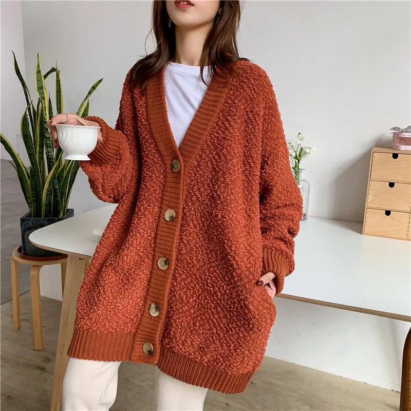 [ZAYAU]V-neck Knitted Cardigan women\'s Loose Large Coarse Wool Sweater Autumn and Winter Lazy Coat Thickened 2021