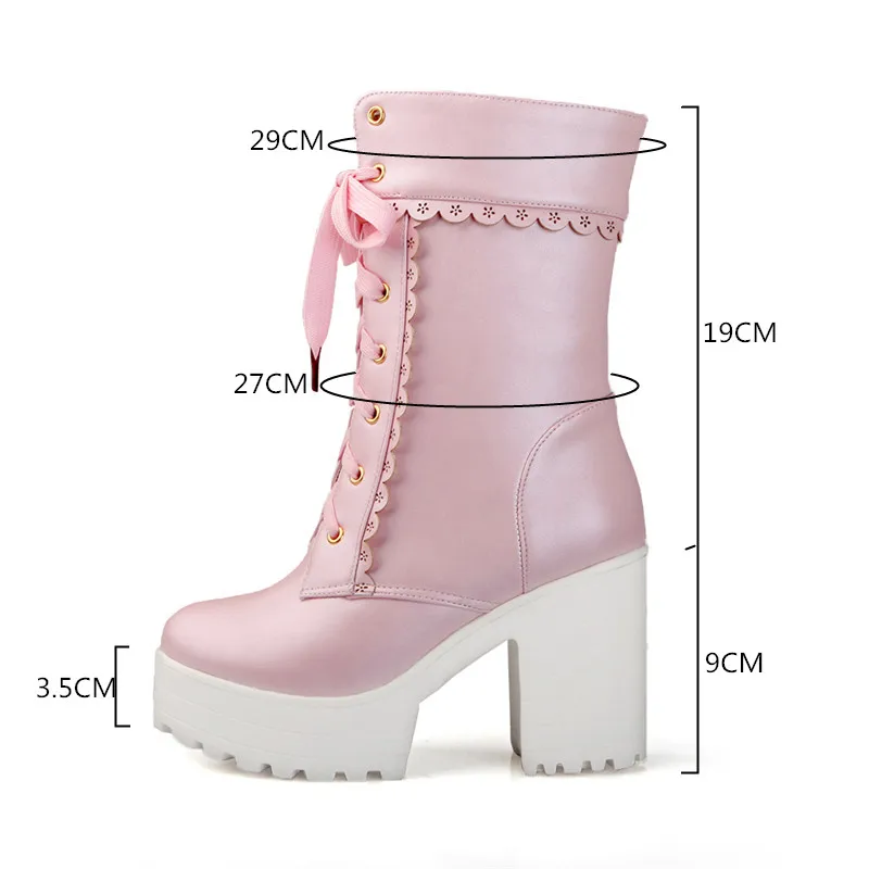 YQBTDL Fashion Young Square Heels Booties Lace Up Platform Autumn Ankle Boots for Women Pink White Black Biker Cosplay Boot Lady