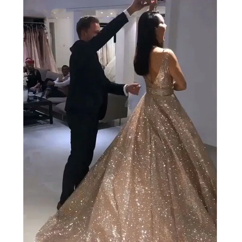 Abiti da sera Sexy con paillettes Champagne 2022 abito da donna elegante Robe De Soiree abiti senza schienale abito lungo da ballo estivo lucido