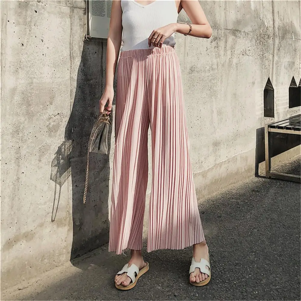 

Pants Women Summer Casual Thin Chiffon Wide Leg Elastic Waist Pleated Trousers Sweet Beach Female Leggings Fitted Cuffs