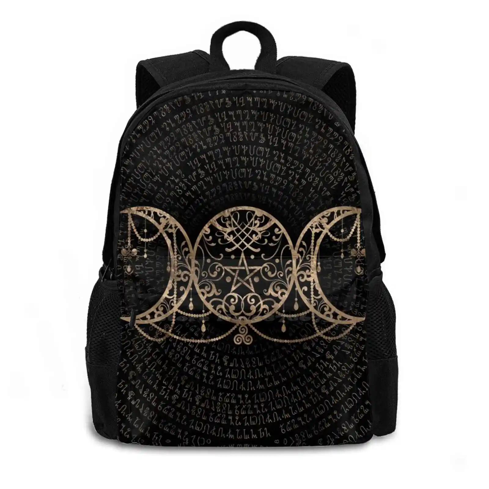 Triple Moon-Triple Goddess Gold And Black Bag Backpack For Men Women Girls Teenage Black Goddess Triple Goddess Pentagram