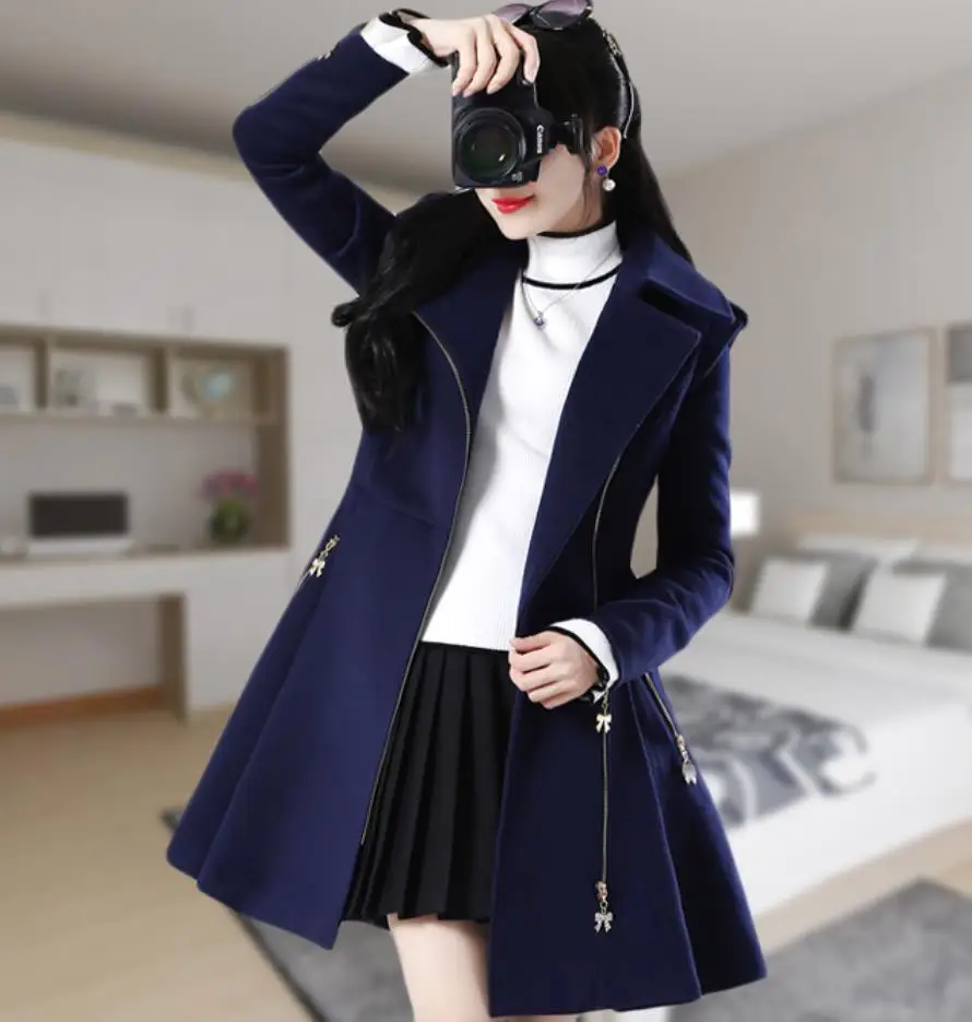 Autumn Winter Women Dark Blue Lady Coats Zipper Long-sleeved Woolen Coat Women\'s Mid-length Slim Winter Women