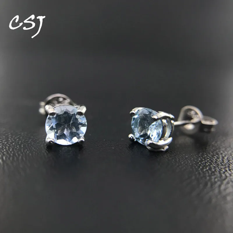 CSJ Simple Natural Aquamarine Stud Earrings 925 Sterling Silver Fine Jewelry for Women Lady Engagment Birthday Party Gift