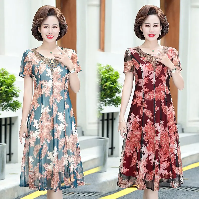 Summer Dresses Middle-aged and elderly dress women summer 40-year-old printed Lace with diamonds dress casual mid-length