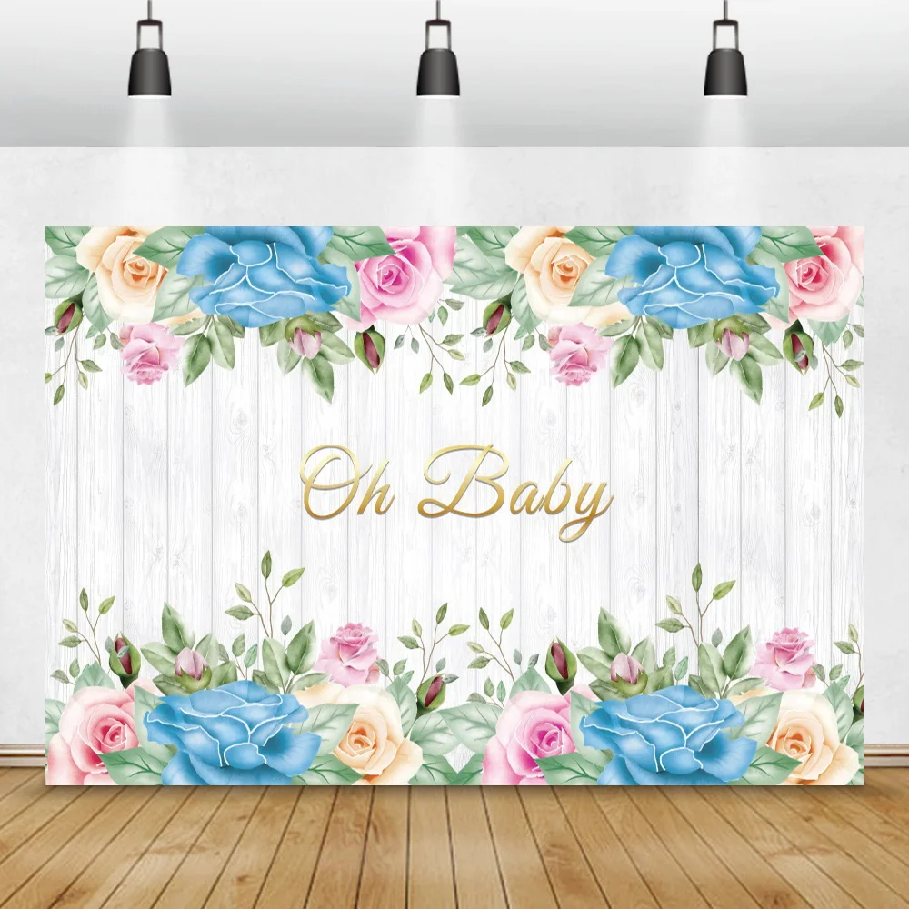 White Wood Board Baby Shower Photo Background Blue Flowers Child Birthday Custom Banner Photography Backdrop Family Photocall