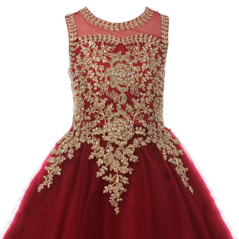 Wine Red With Gold Appliqued Beaded Little Girls Pageant Dresses 2024 Holy Communion Dress Children's Birthday Party Prom Gowns