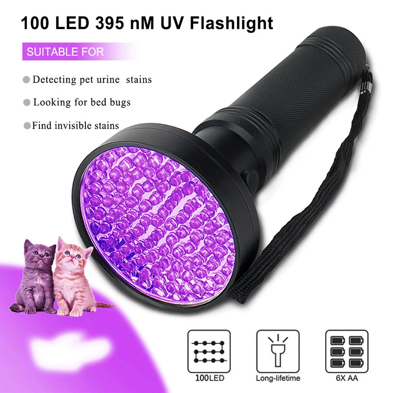 

UV Flashlight Black Light, 100 LED 395 Nm Ultraviolet Torch Blacklight Detector for Dry Pets Urine&pet Stains&bed Bug AA Battery