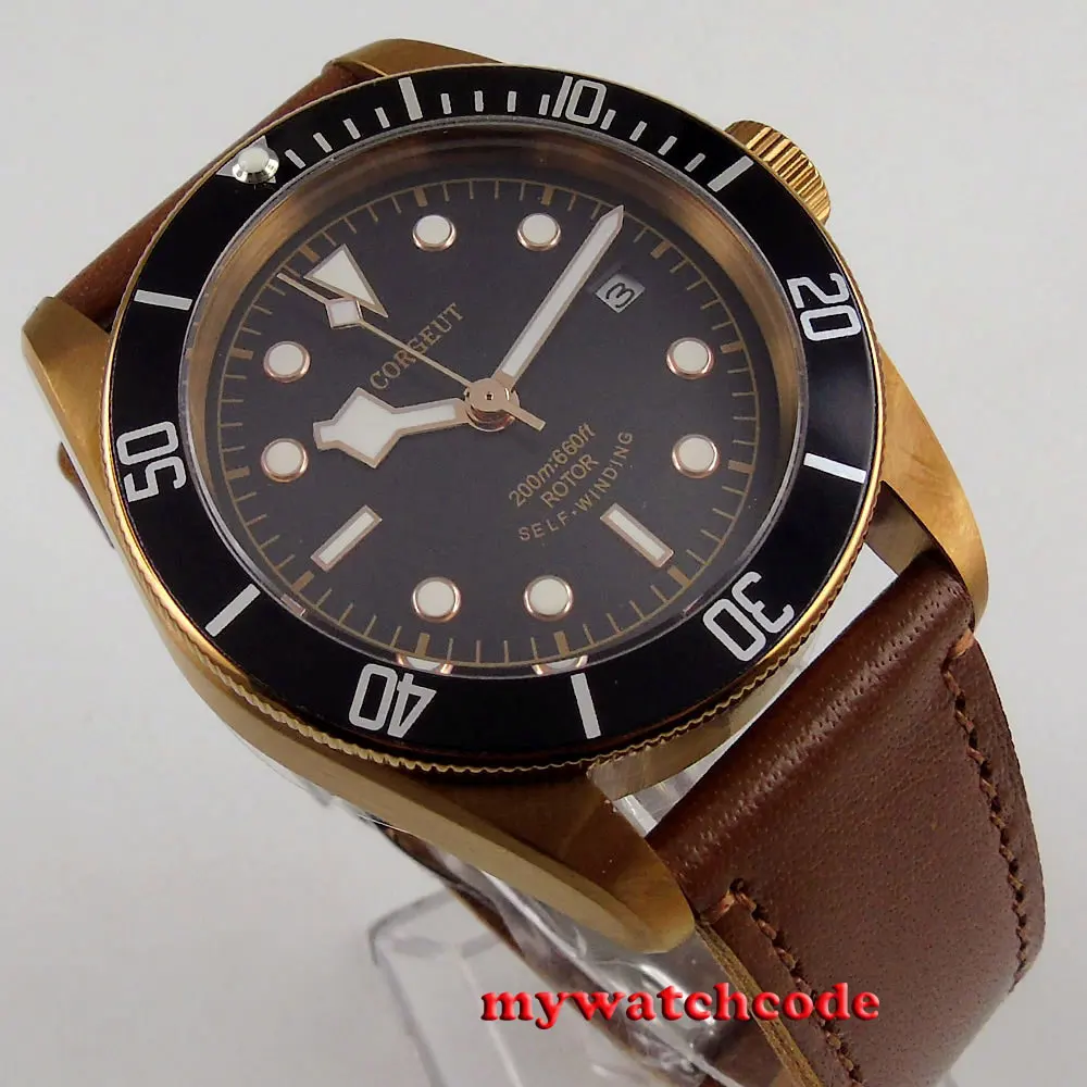41mm CORGEUT Brand Bronze Coated Sapphire Glass Leather Strap MIYOTA /ST Movement Date WindowAutomatic Men Watch