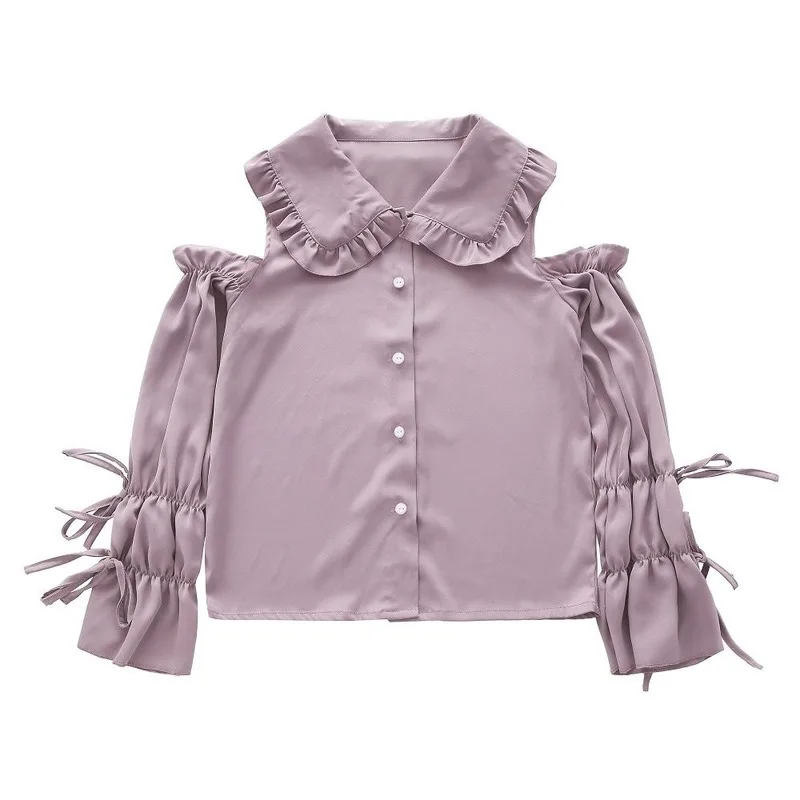 Women Shirts Off Shoulder Peter Pan Collar Sweet Lolita Style Lovely Solid Long Lantern Sleeve Bow Lace Up Female Leisure Trendy