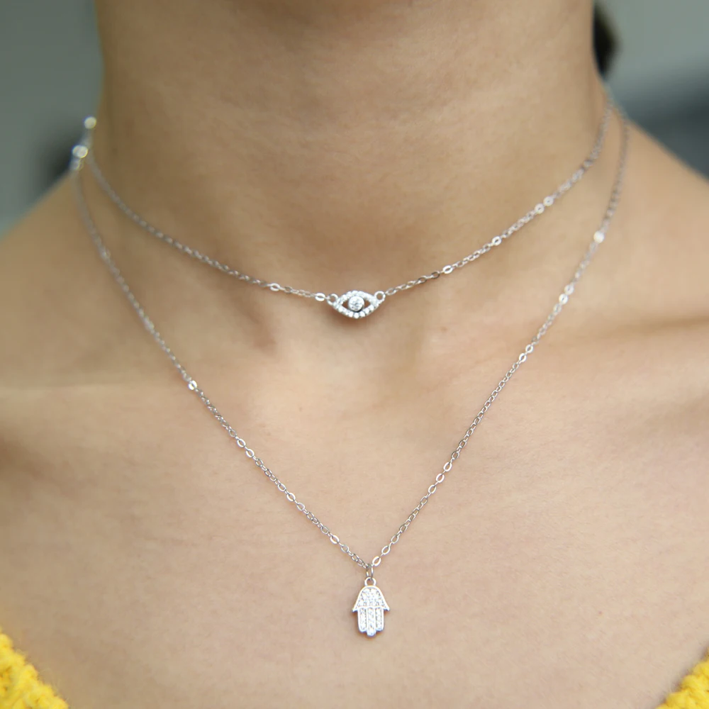 New Sexy Women Jewelry Lucky Hamsa Hand Evil Eye Cham Drop Silver Color Paved Cz Jewelry Double Layer Necklace Real 925 Silver