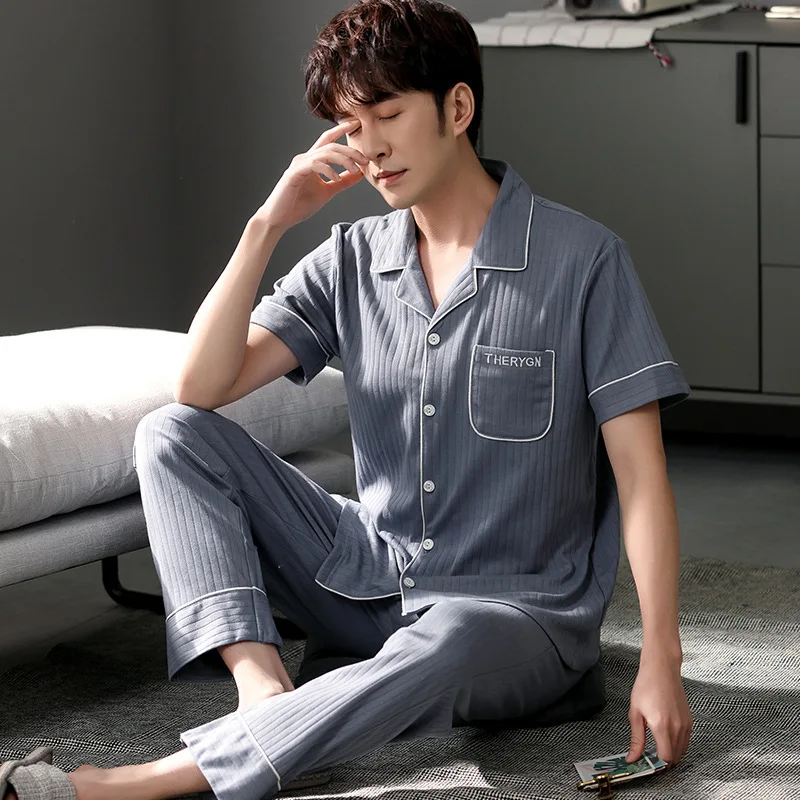 

Casual Men Pajamas Suit Sleep Set With Buttons Nightgown Sleepwear Lapel 2PCS Top&Pants Cotton Pijamas Lingerie Male Nightwear