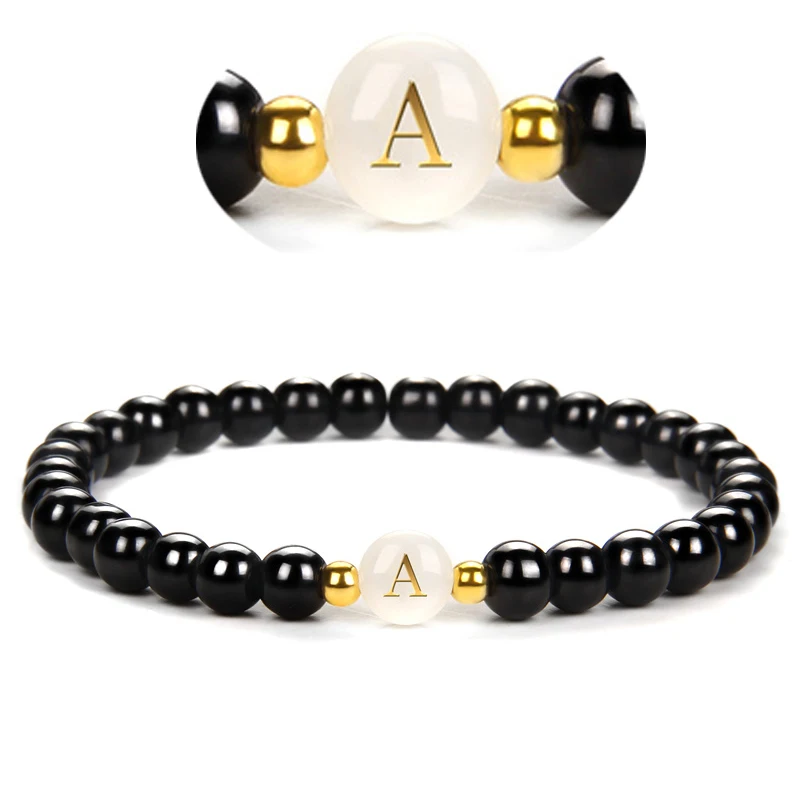 A-Z Capital Letter Bracelets For Women Men Couple Shell Mother Of Pearl Black Onyx 6mm Bracelet 26 Alphabet Initial Name Jewelry