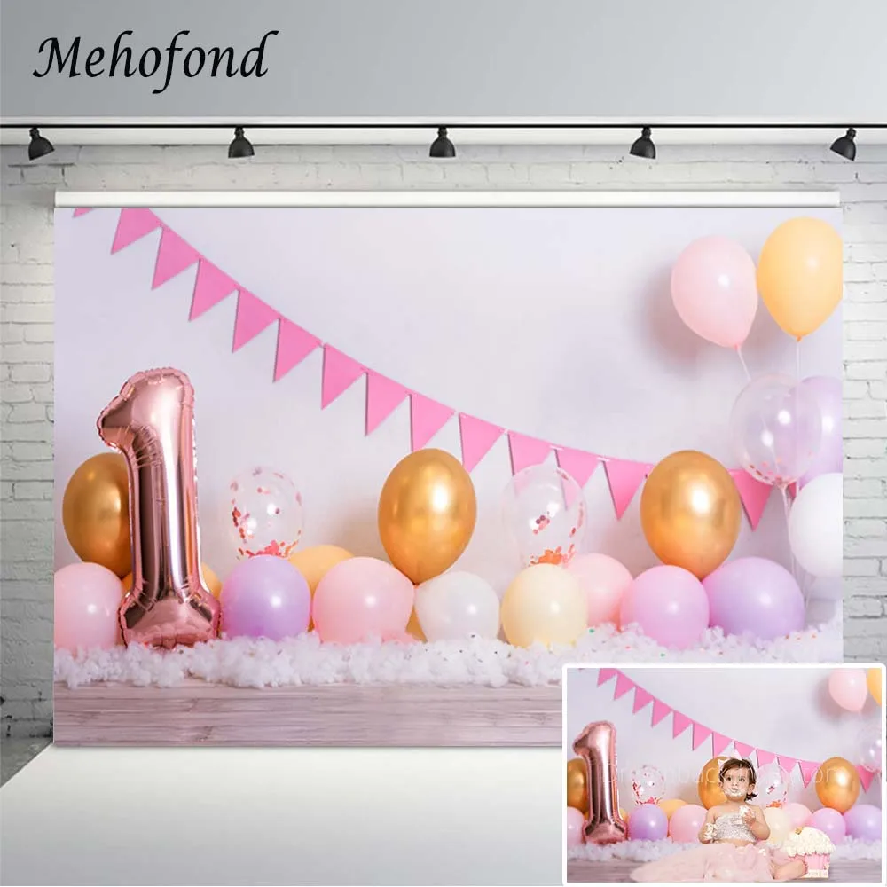 Mehofond-fondo fotográfico con globos dorados y rosas, telón de fotografía para fiesta de primer cumpleaños, estudio de algodón, retrato de recién nacido, sesión fotográfica