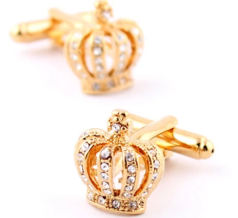 Men's Crown Cuff Links Golden Color Quality Brass Material Crystal Design Cufflinks Wholesale & Retail