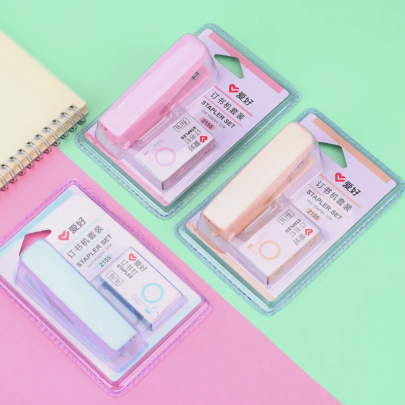 Cute Macaron Color Stapler with Staples Set Creative Plastic Metal Pure Color File Binding Machine Tools School Office Supplies