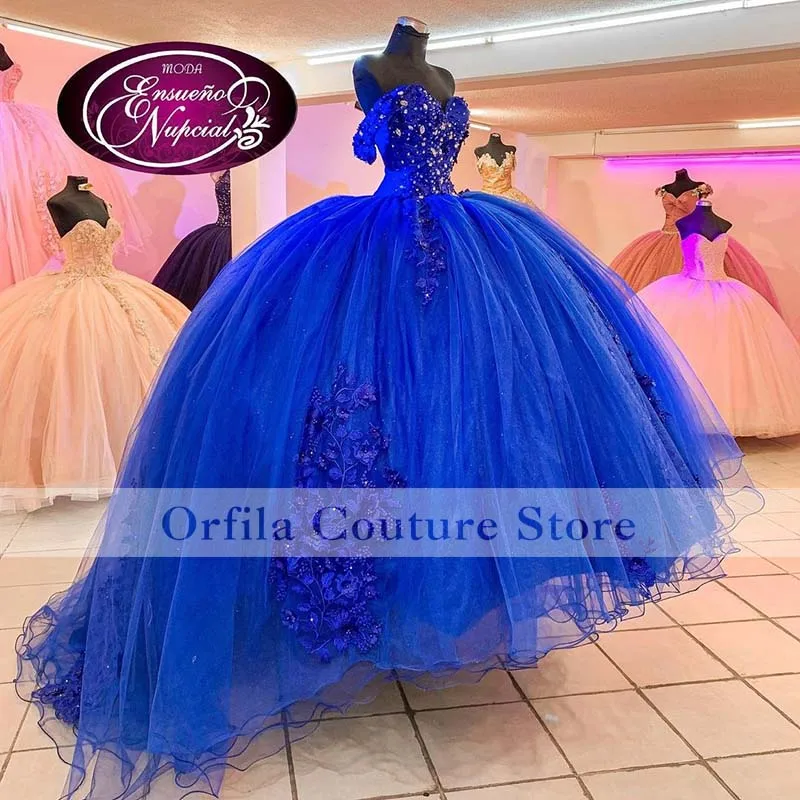 الملكي الأزرق Quinceanera فساتين الدانتيل مطرز الحلو 16 الكرة ثوب حفلة موسيقية اللباس vestidos دي 15 أنوس 2021 الاجتياح قطار