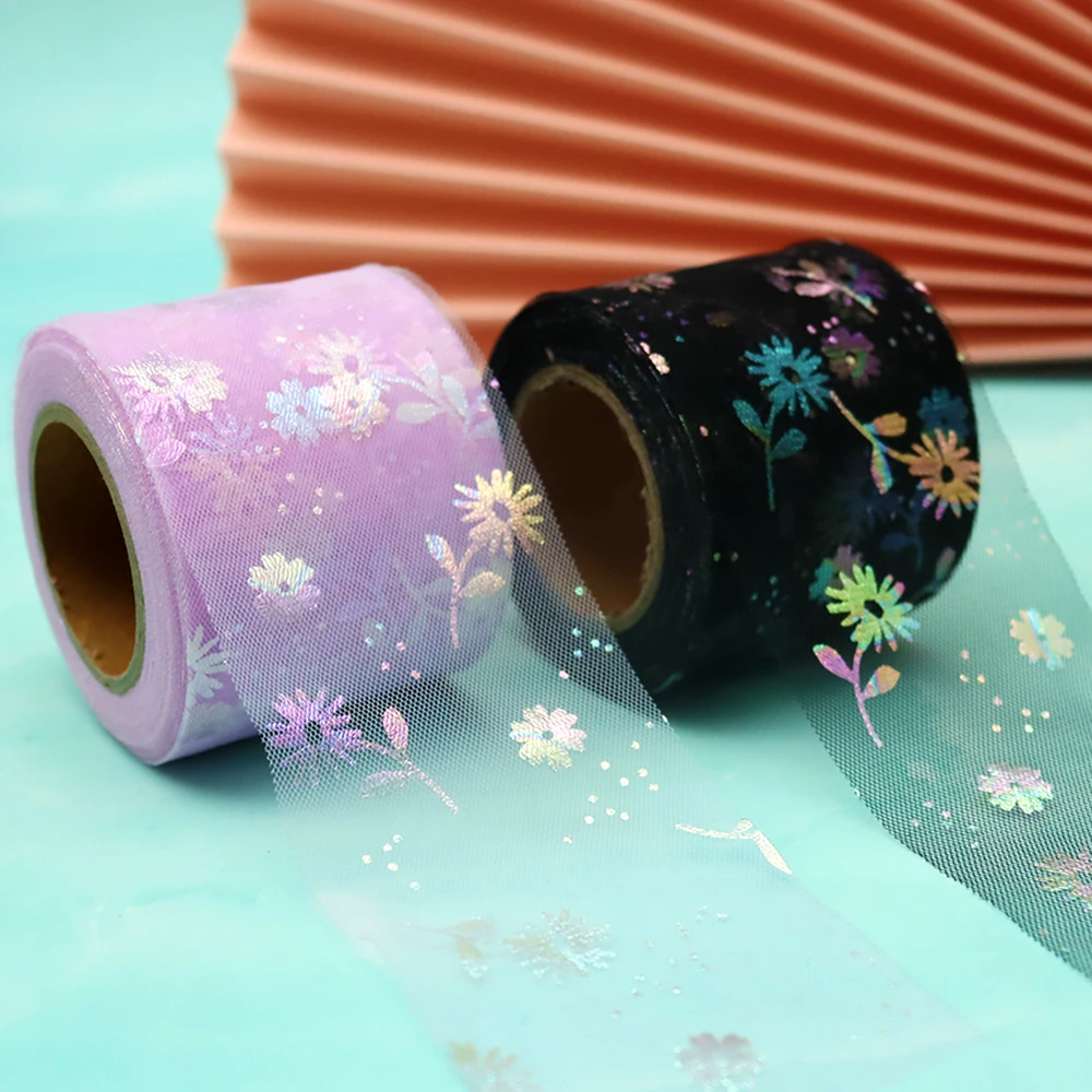 6cm 25Yards Floret Tulle Daisy Sunflower Ribbon Handmade Craft Hairbows Giftbox Wrap Filling Irirdescent Mesh Tape Tutu Supplies