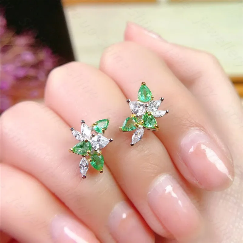 

New natural emerald earrings 925 silver two-color electroplating process women's earrings fresh and lovely design style best gif