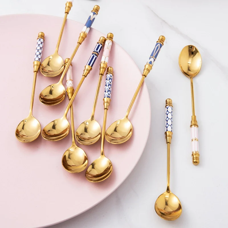 1pc Gold-plated Ceramic Long Handle Spoon Stainless Steel Dessert Coffee Milk Stirring Spoon Teaspoon Kitchen Tableware Utensils