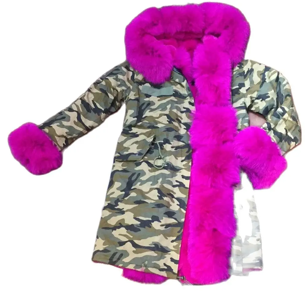 Hot Pink Fashion Women Customized Fox Fur Cuffs,Hoodies,Mr&Mrs Luxury Camouflag Parka For Winter Wear