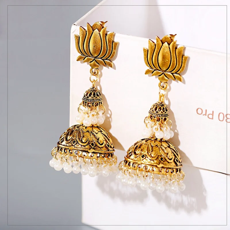 Ethnic Women's Big Gold Color Dangle Earrings Jhumka Indian Earrings Orecchini Donna Vintage Lantern Pearl Tassel Palace Earring