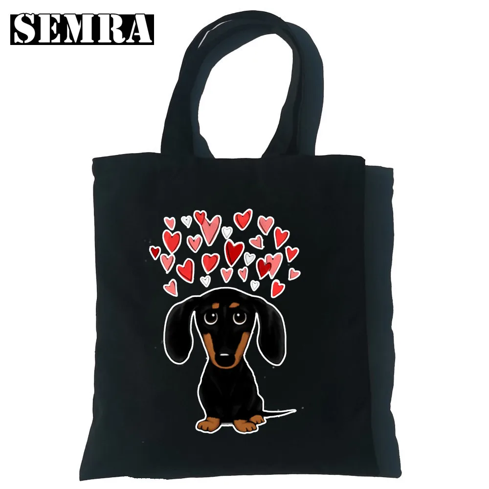 Dachshund engraçado bolsas femininas sacos de ombro casual compras meninas cão animal preto bolsa feminina elegante lona