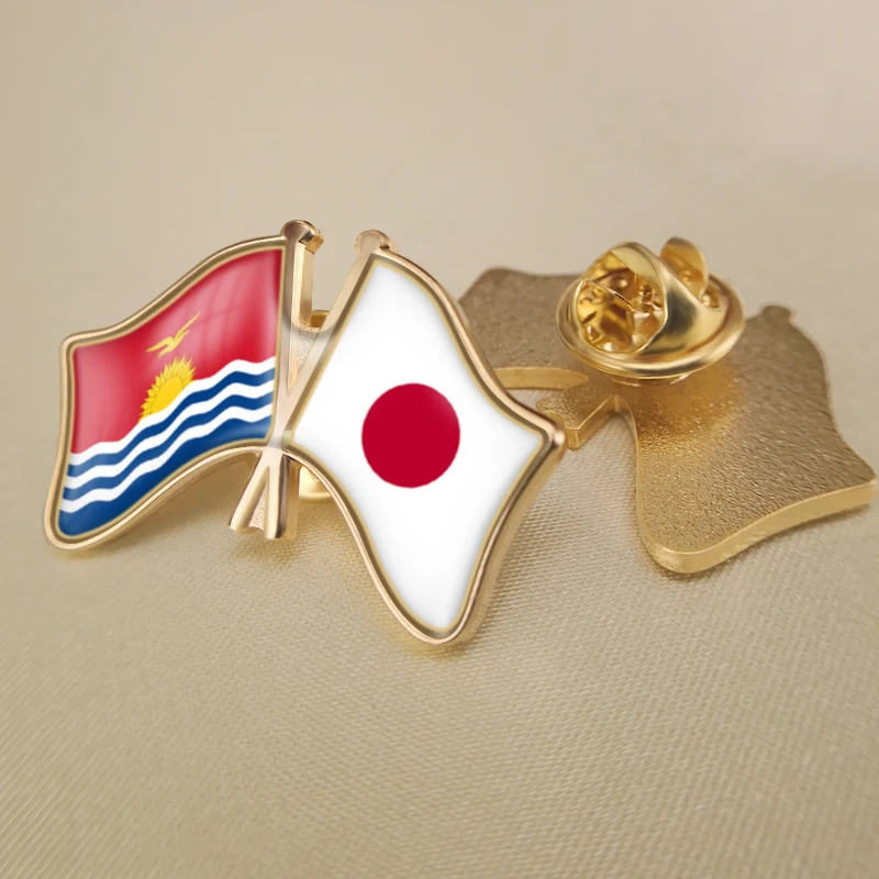 Kiribati and Japan Crossed Double Friendship Flags Lapel Pins Brooch Badges