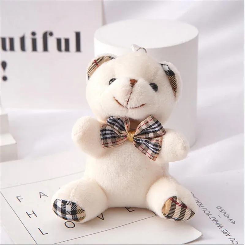 1PCS Mini Bow Tie Sitting Bear Plush Toy For Valentine\'s Day Bouquet Bear Car Keychain Pendant Cute Plaid Double Festival 10CM