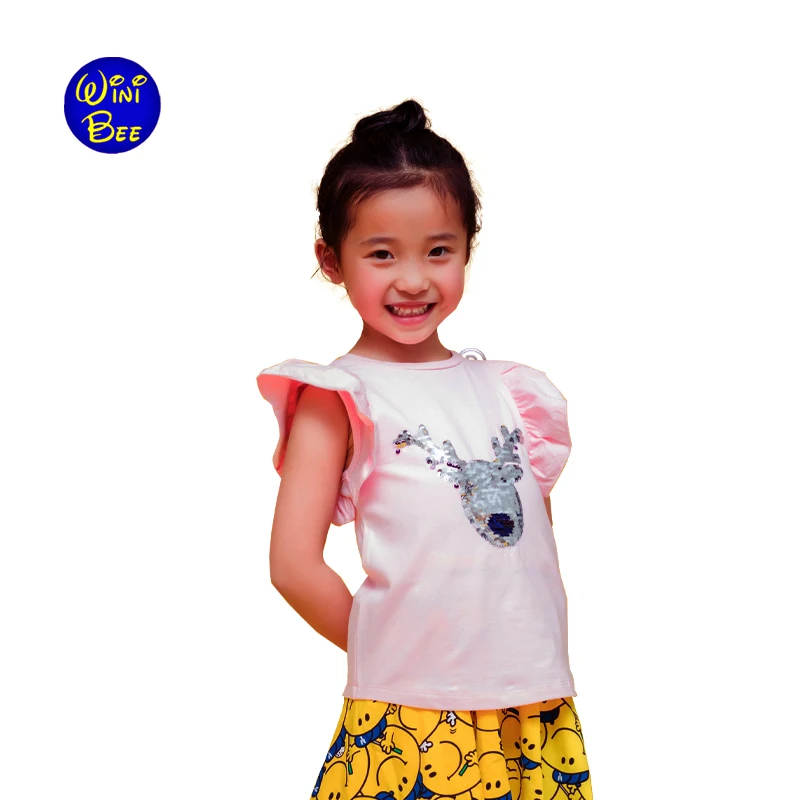 Short Sleeve Children T-Shirt Toddler Girl Kawaii Top Ruffle Sleeve Summer Tee Transform Sequin TShirt Girls Clothes 2 4 6 Years