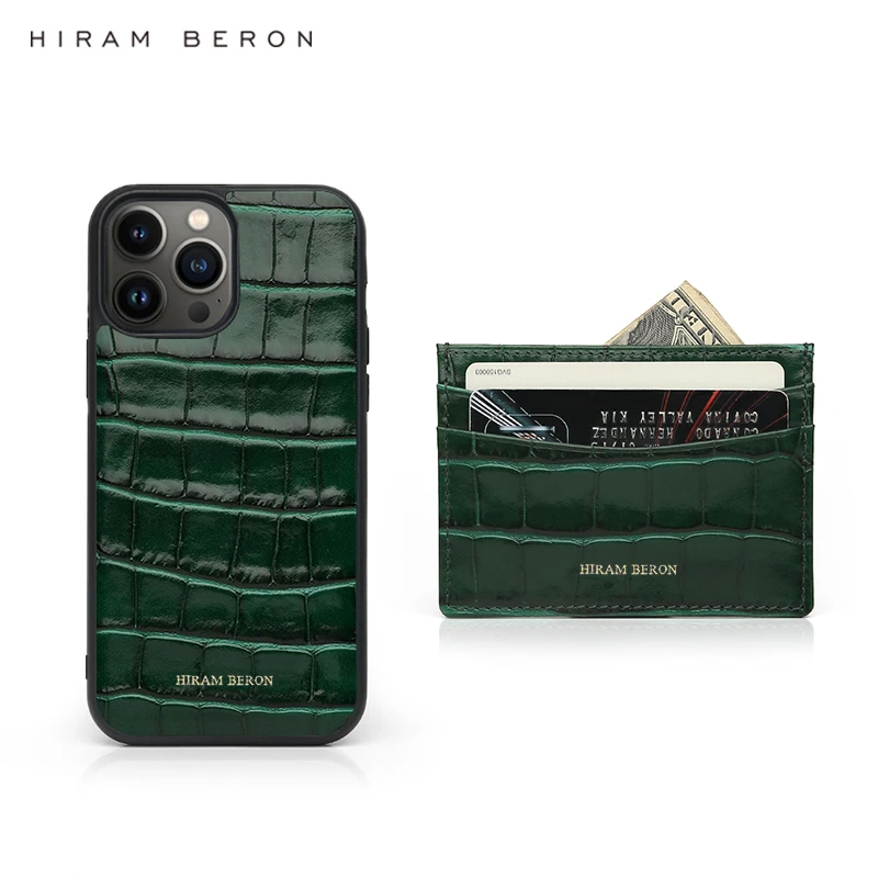 Hiram Beron Personalized FREE Green Leather Card Wallet Case for Iphone 16 15 14 13 12 11 Pro Max Embossed Crocodile Pattern