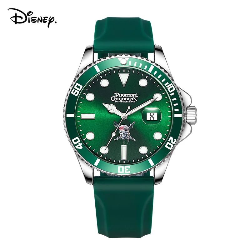 Disney Official Pirates of the Caribbean Cartoon Men Casual Quartz Wrtistwatches Silicone Band Green Water Ghost Gentlemen Gift