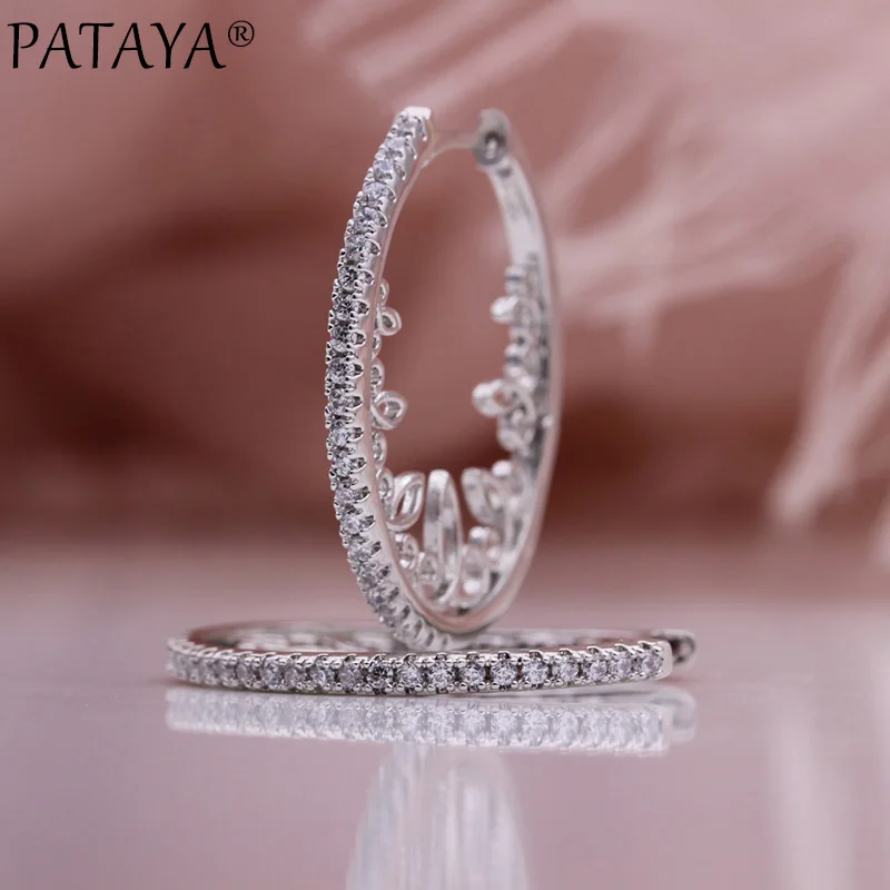 PATAYA New Hollow Lace Circle Drop Earrings 585 Rose Gold Color Women Fine Wedding Earrings White Natural Zircon Fashion Jewelry