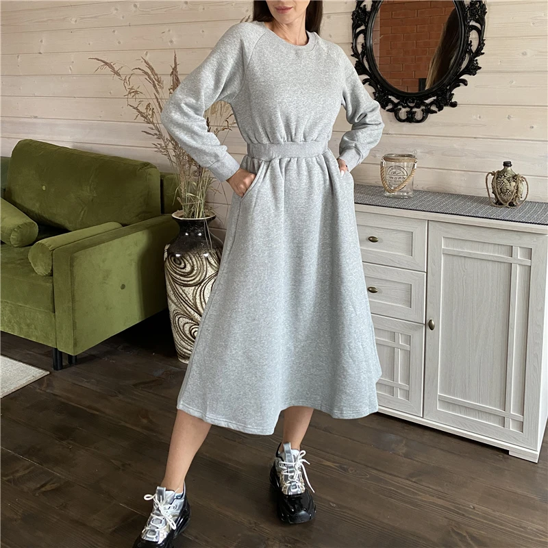 Casual Long Minimalist Pockets Wild Warm Dress New Winter Spring Women Dresses Thicken High Elastic Waist