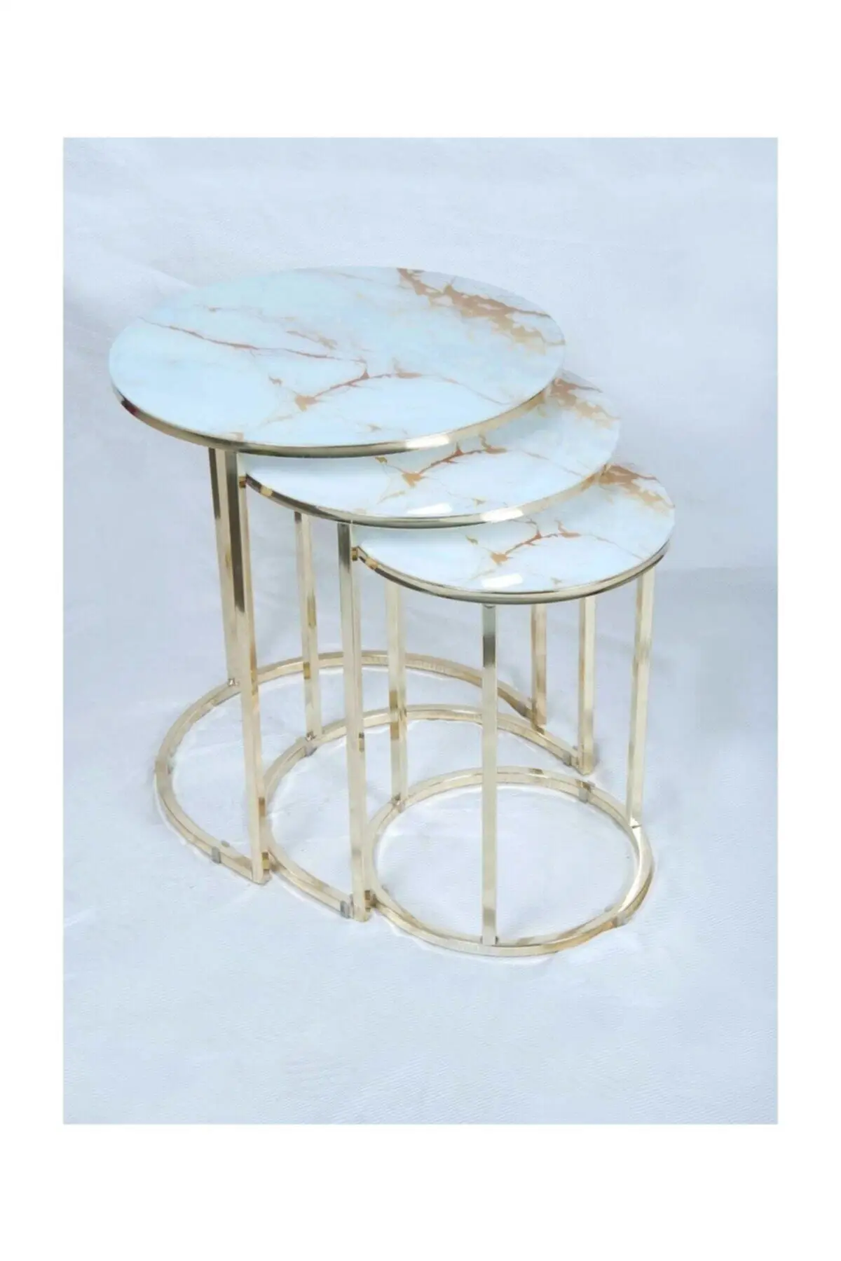 Pukka Zigon Coffee Table 3 pcs Round Gold Metal Toe-Marble Pattern (Unbreakable) Glass Coffee Table