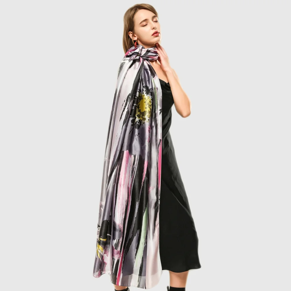 Colorful Silk Large Shawl Women Bright Smooth Beach Sarong Wrap Cover Female Protected Flower Neck Scarf 180*90 cm