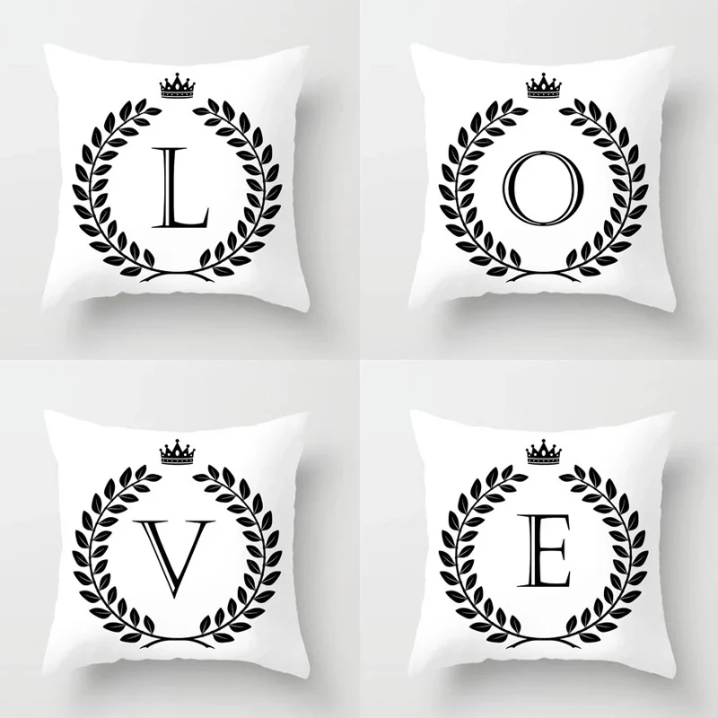 Funda de almohada decorativa con letras del alfabeto, 26 letras, corona, blanco y negro