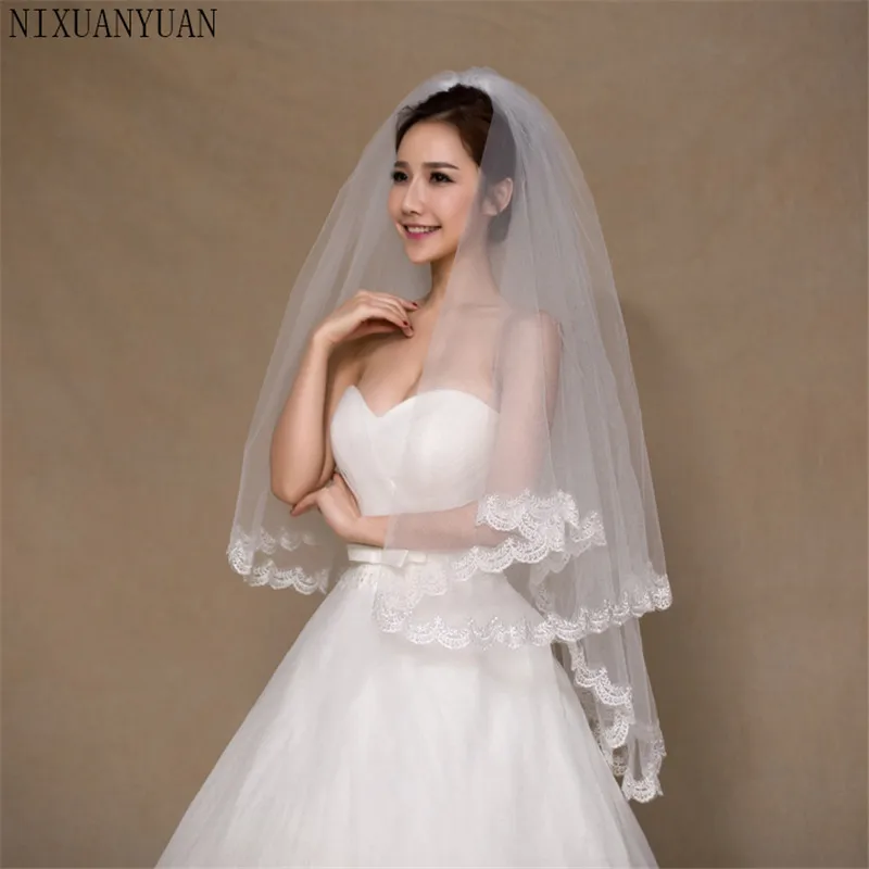 Nixuanyuan 2 Tier Bridal Veil Putih Gading Katedral Pendek Pernikahan Kerudung Renda Edge dengan Sisir Pengantin Kerudung