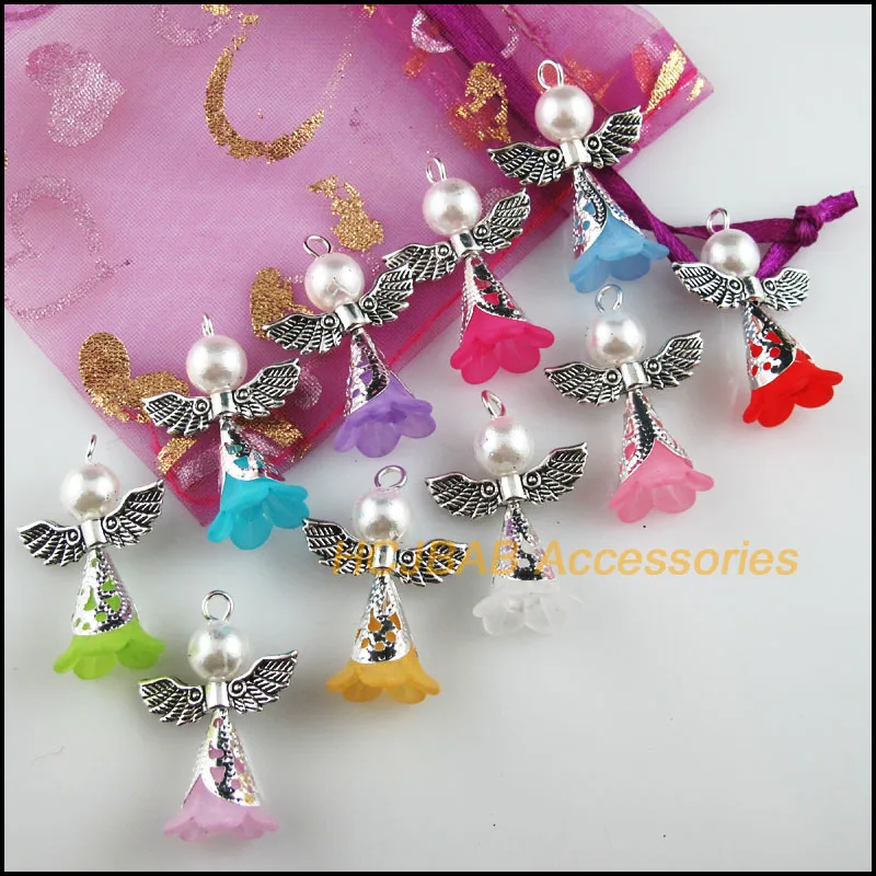 10 New Lovely Angel Charms Mixed Acrylic Tibetan Silver Wings Pendants 21.5x29mm