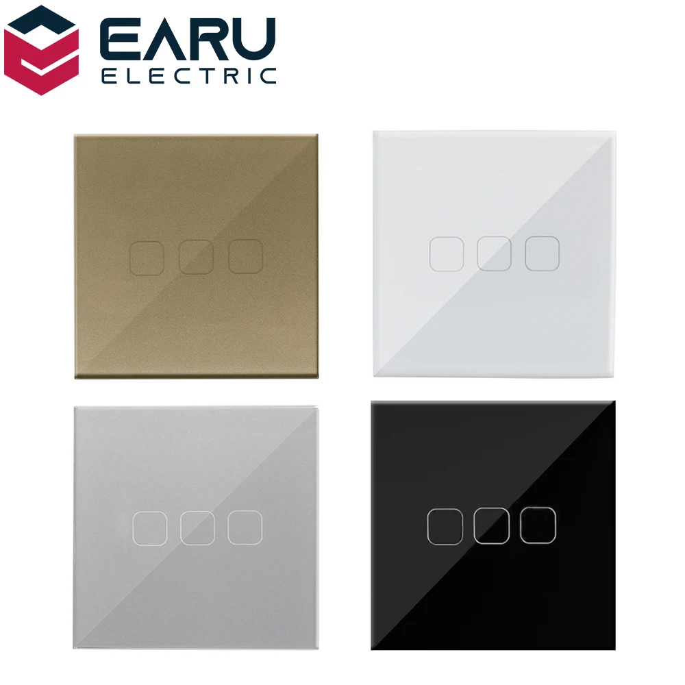 EU Standard 3 Gang 1 Way AC100-240V 10A Crystal Glass Panel Screen Wall LED Power Light Touch Switch White Black Gray Golden