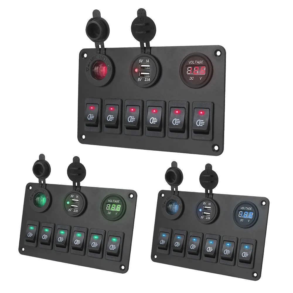 

24V 12V Light Toggle 6 Buttons Switch Panel RV Controller With Voltmeter USB Chargers Cigar Lighter Socket Car Boat Switch Panel