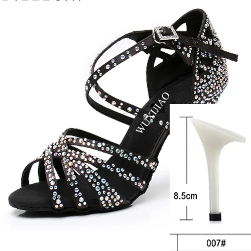 WUXIJIAO Women Party Dance Shoes Satin Shining rhinestones Soft Bottom Latin Dance Shoes Woman Salsa Dance Shoes heel5CM-10CM image 3