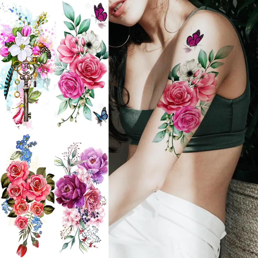 Watercolor Rose Butterfly Arm Temporary Tattoos For Women Adult Peony Daisy Key Fake Tattoo Fashion Waterproof Half Sleeve Tatoo