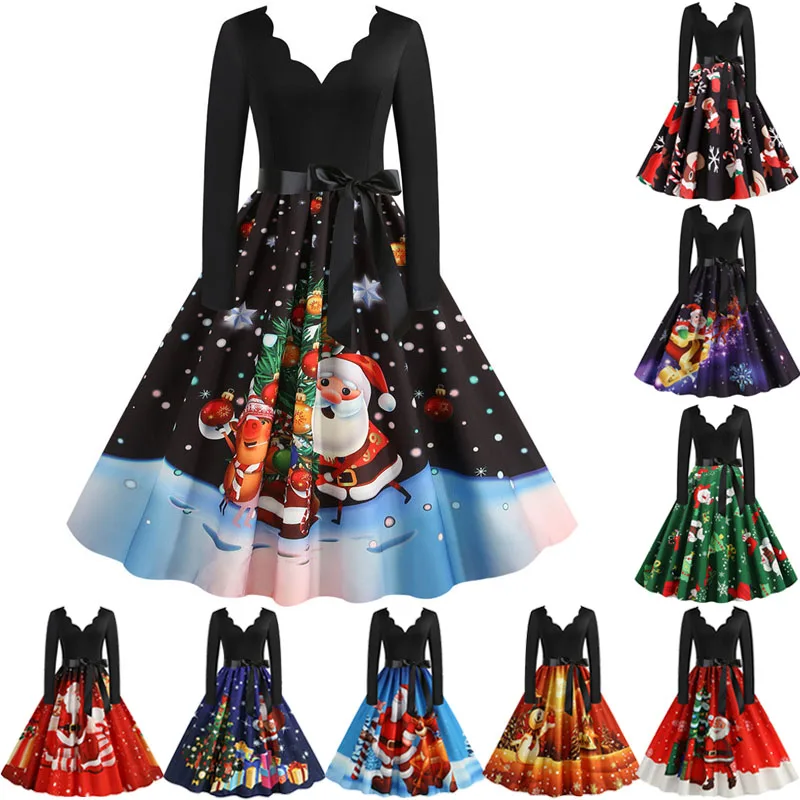 Black Big Swing Print Vintage Christmas Dress Women Winter Casual Long Sleeve V Neck Sexy New Year Party Dress S~3XL