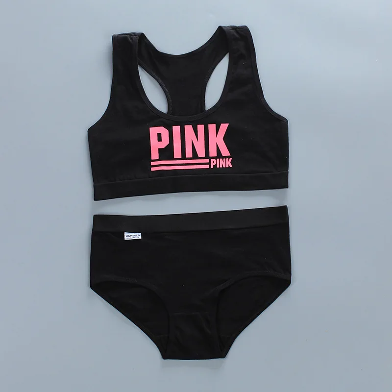 Teenage Girls Underwear Wireless Letter Print Small Bra Panty Set For Children Young Girls Sports Runnin Crop Tops 8-16Years