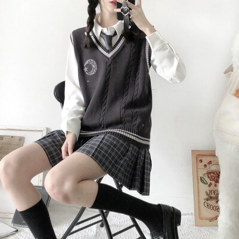 Hải Quân Mới Xanh Dương/Xám/Bò/Rượu Vang Đỏ Màu Áo Vest Màu JK Dễ Thương Cosplay Chui Đầu Nữ trường Áo Vest Ngôi Sao Embroid