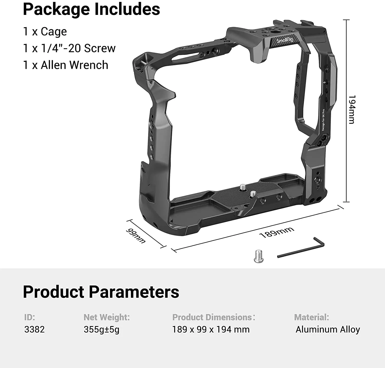 SmallRig Battery Grip Compatible Camera Cage Rig for BMPCC 6K Pro with SSD Holder ARRI Hole Blackmagic Cinema Camera 6K Pro 3382